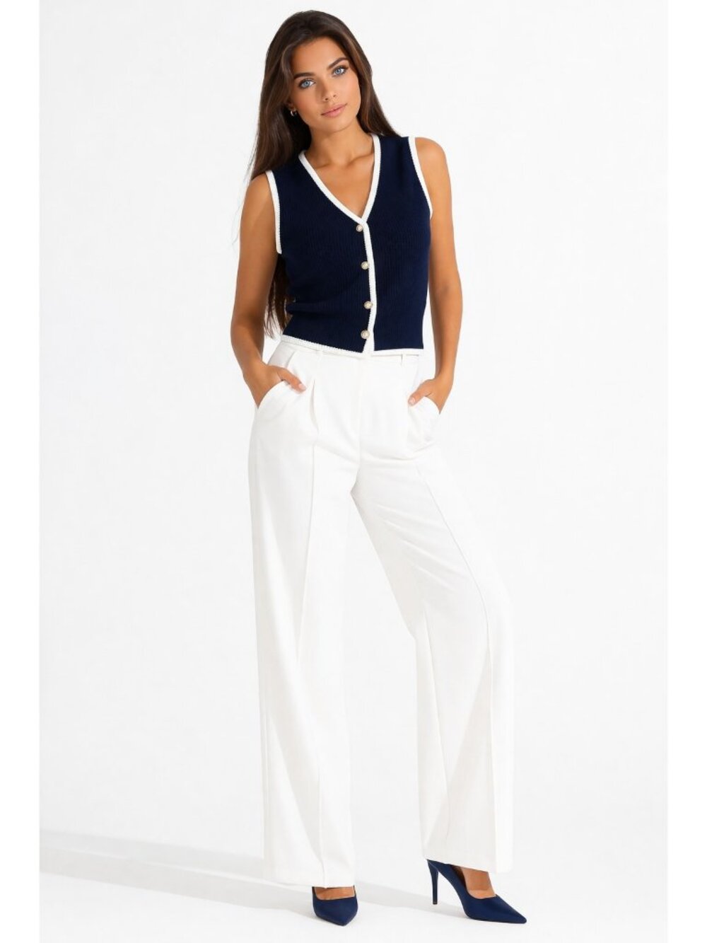 Sincerely Jules Womens Knit Sweater Vest Navy White Trim Button Front Preppy NWT - Picture 2 of 7